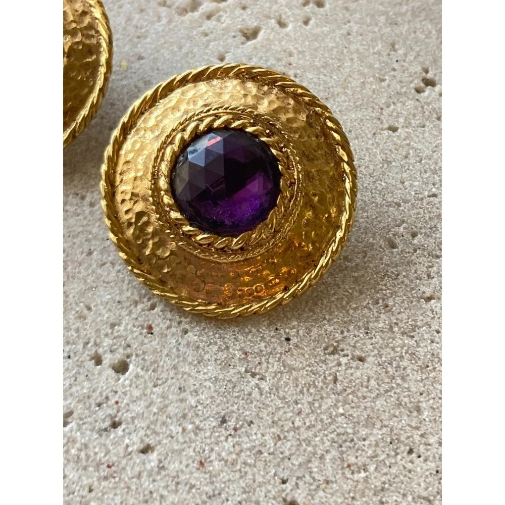 Gold Tone Hammered Earrings Faceted Purple Cabochon Couture Statement Glam